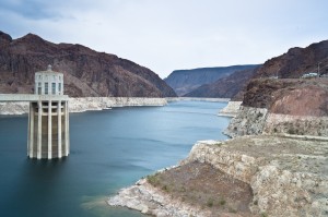 Lake Meade, water source for Las Vegas and Phoenix, shows its "bathtub ring" marking where its water used to be. It is less than half full and dropping fast. (Wikimedia photo)