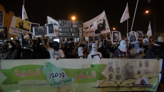 Just a garden-variety protest in some Middle Eastern county, you say, nothing to be afraid of here? Wait till you find out where these people are. (BBC Photo by Safa Al-Ahmad) 