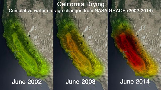 Gravity sensing satellites have measured the withdrawal of water from the aquifer underlying California's Central Valley. It's almost over. (NASA images)