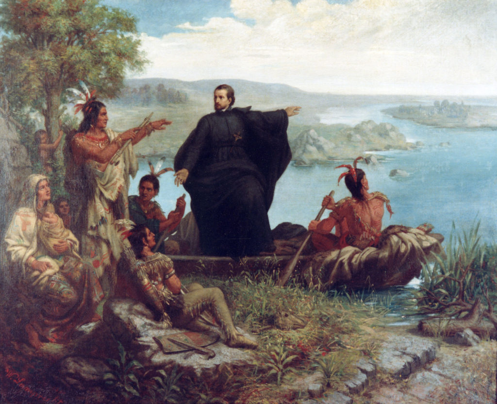 Fr. Jacques Marquette, S.J., a contemporary of Fr. Le Jeune quoted here, at work saving souls of Ojibwas in the western Great Lakes. (Wikipedia Photo) 